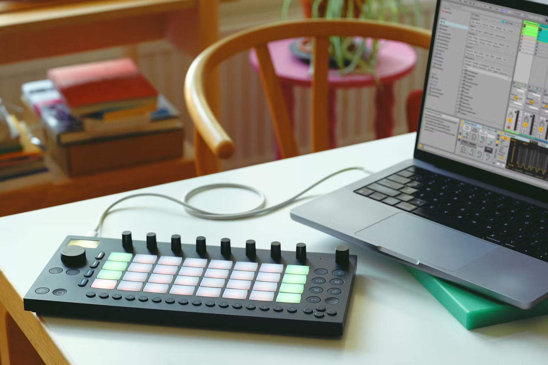 Ableton Move 2.0 portable setup with laptop showing Link Audio streaming