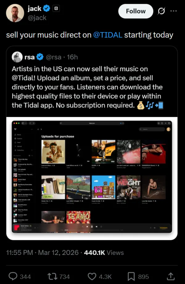 Tidal 팬 직접 판매 독립 아티스트 발표