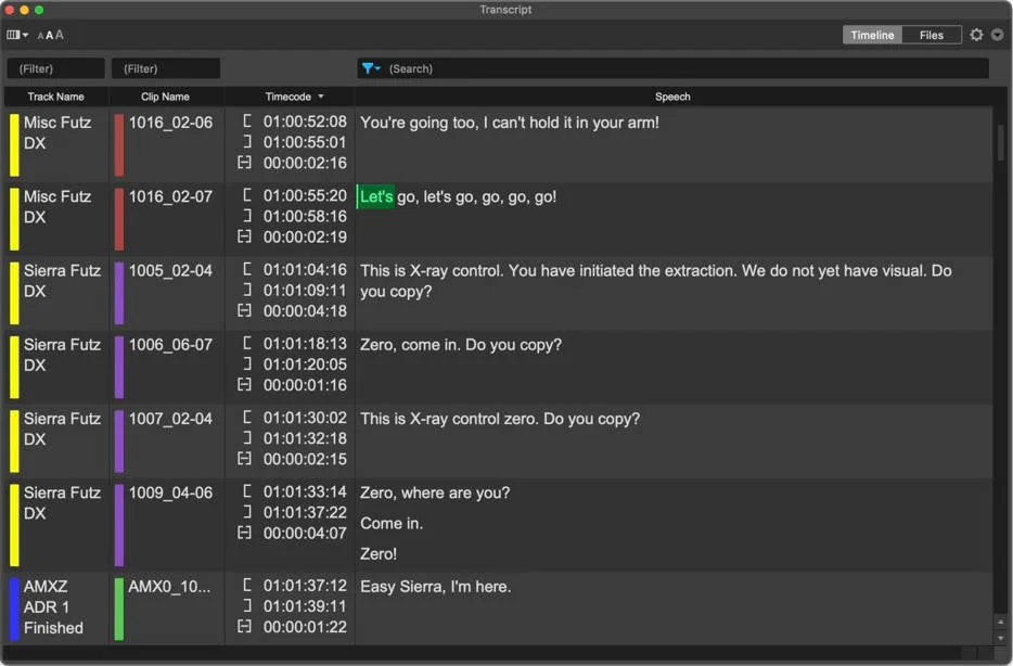Pro Tools 2025 Speech-to-Text transcript window