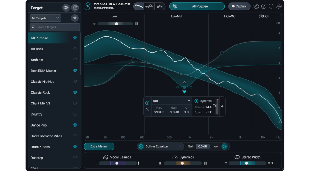 iZotope Tonal Balance Control 3 GUI with built-in EQ and metering display