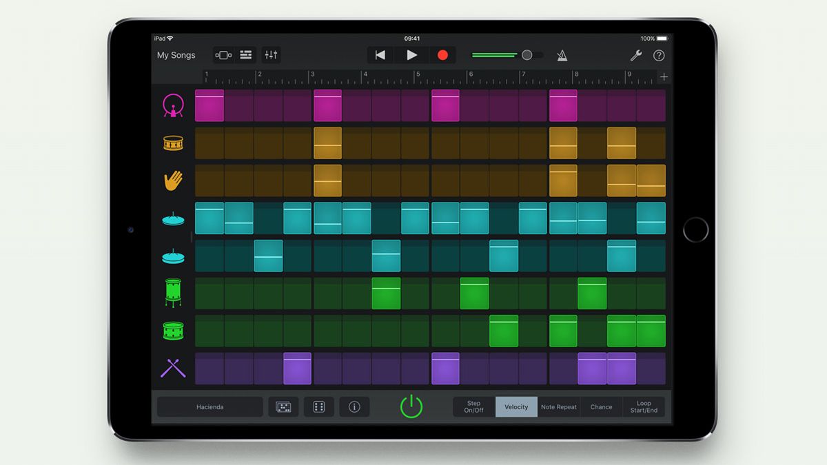 GarageBand AI Drummer interface on iPad