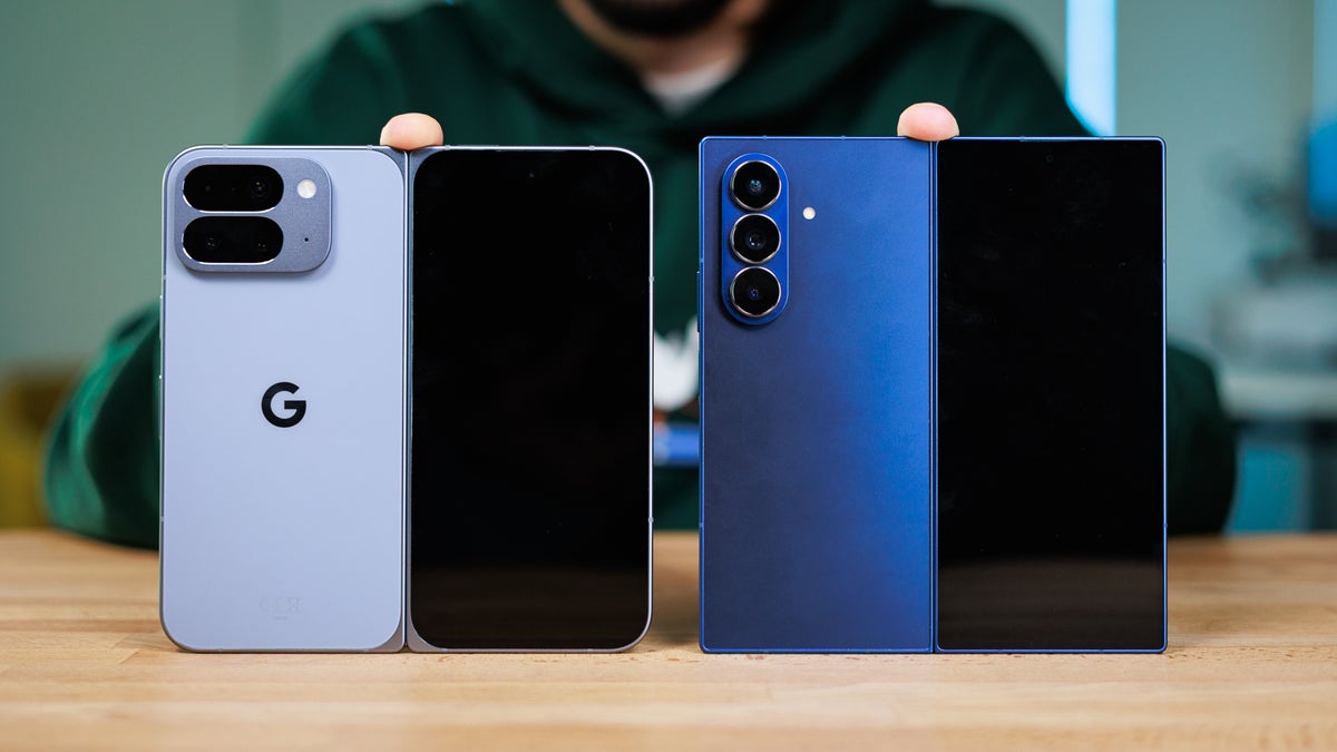 Samsung Galaxy Z Fold7 vs Google Pixel Fold 2 design comparison — folded and unfolded side by side