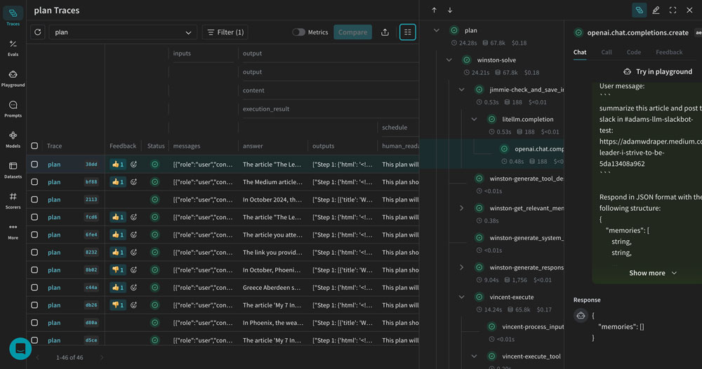 W&B Prompts Traces visual debugging interface for LLM prompt chains