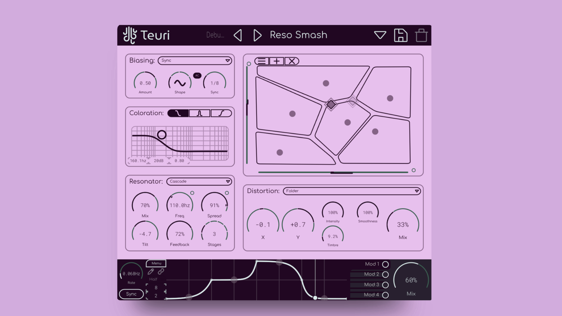 Lese Teuri plugin XY grid interface showing cellular distortion system