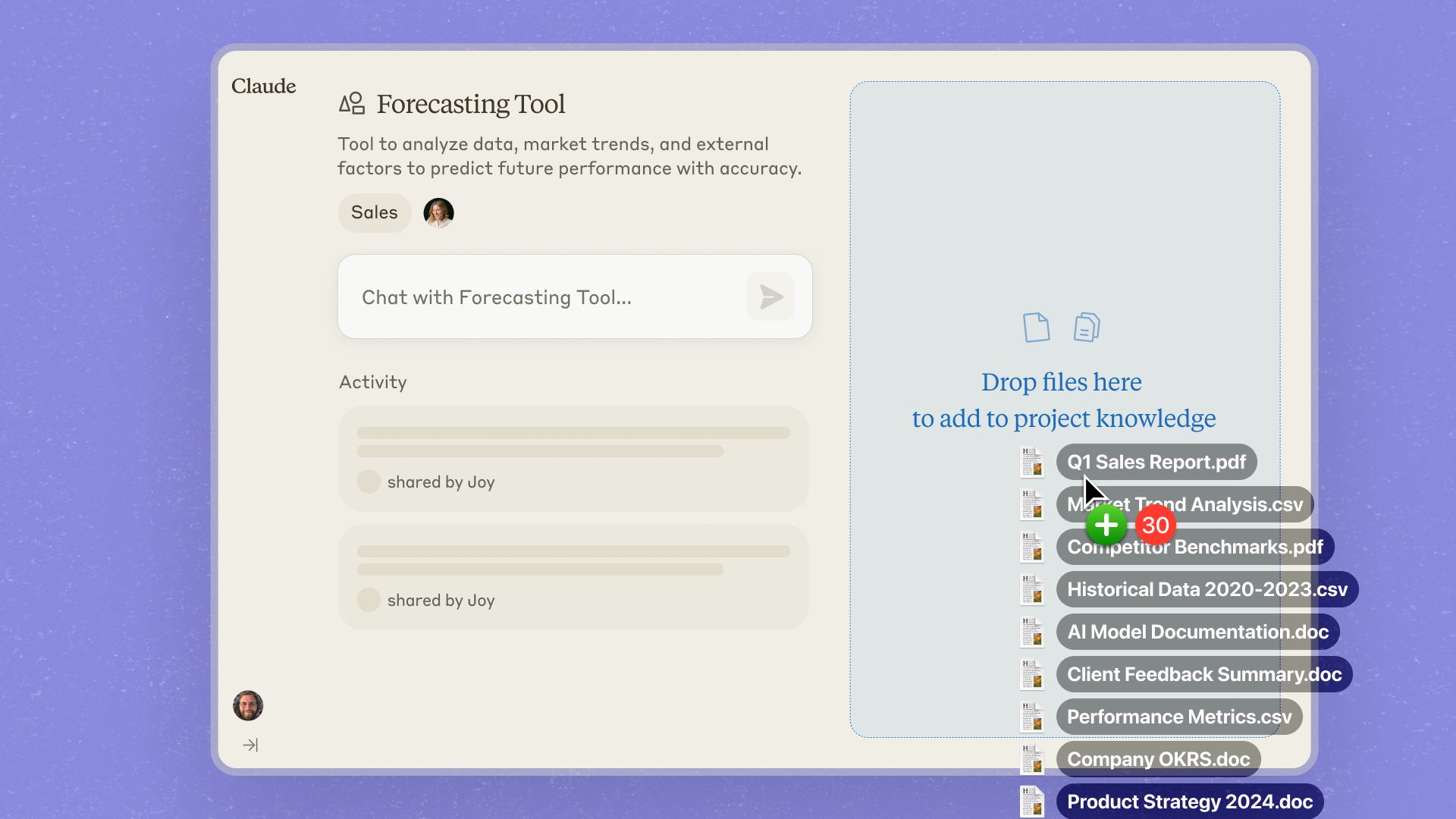 Claude Enterprise UI with document uploads including CSVs and PDFs