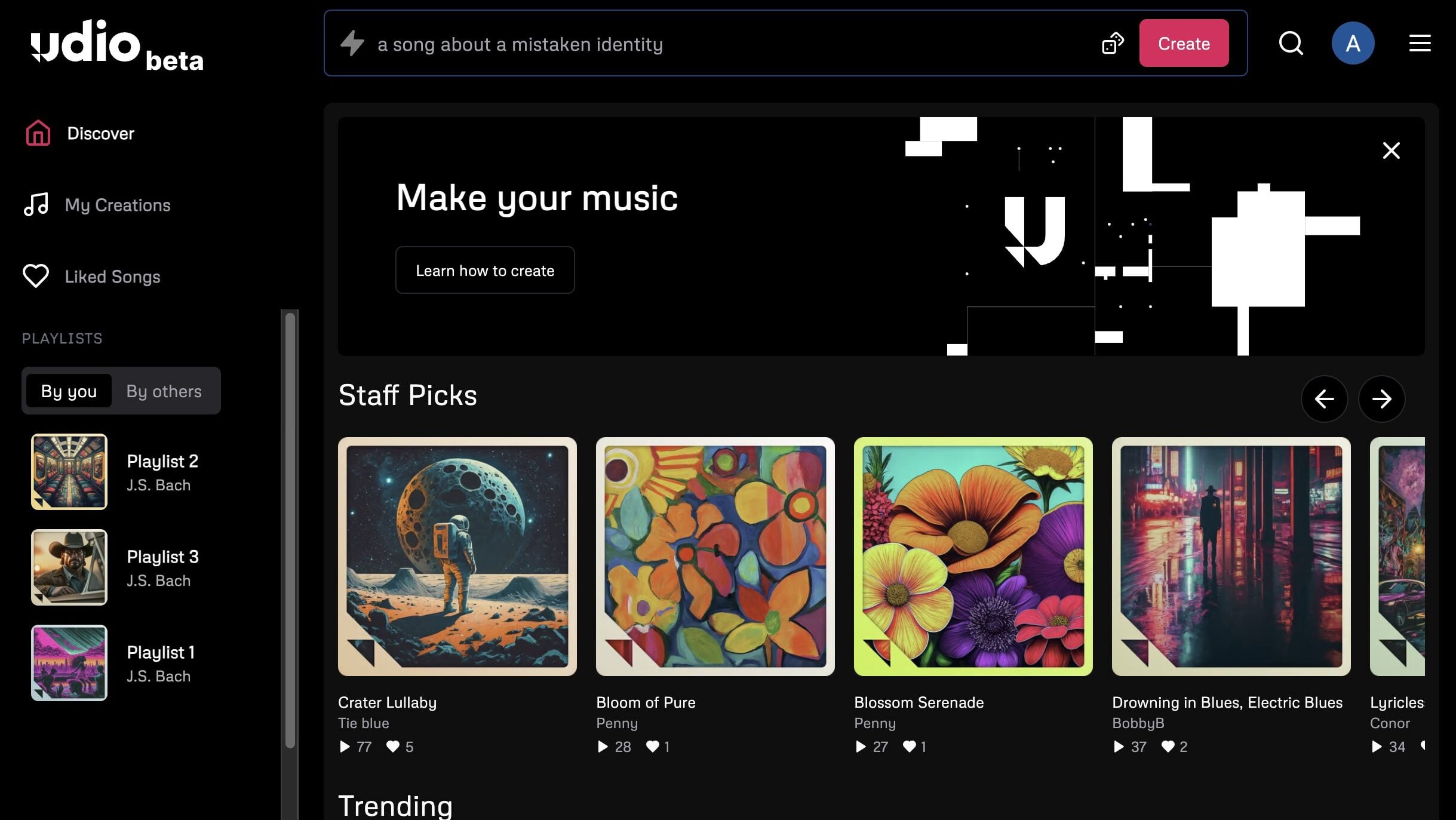 Udio AI music generation interface screenshot
