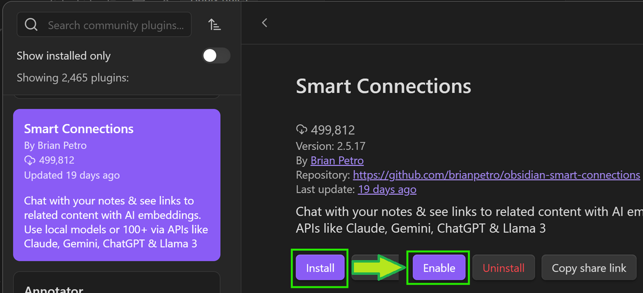 Obsidian에서 Smart Connections 플러그인 설치 및 활성화