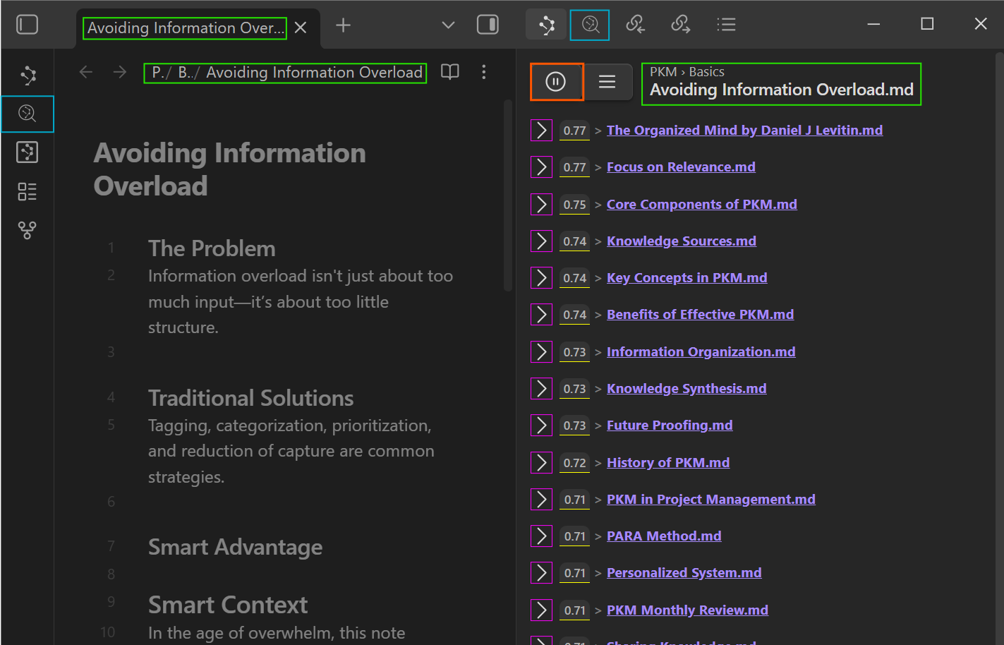 Obsidian에서 AI 기반 노트 연결을 보여주는 Smart Connections 뷰