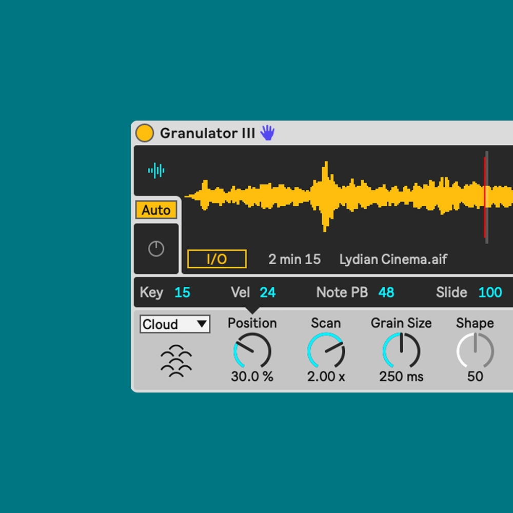 granular synthesis ambient music plugin interface showing grain cloud parameters
