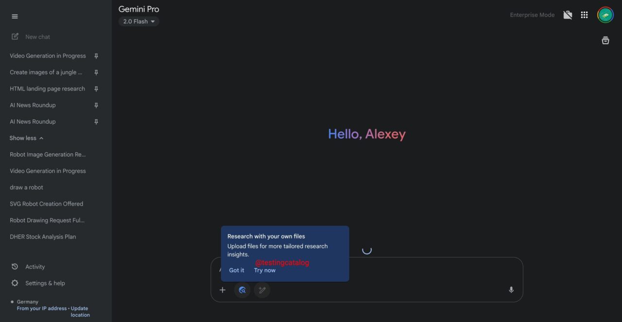 Gemini Deep Research file upload interface screenshot