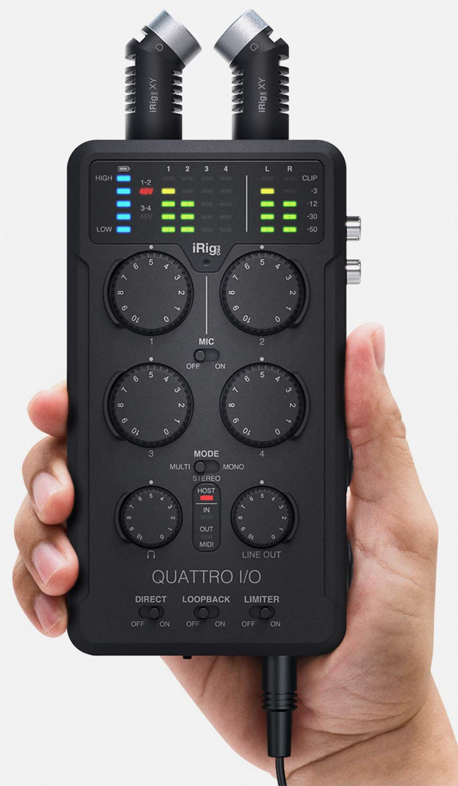 iRig Pro Quattro I/O 상단 패널과 연결부
