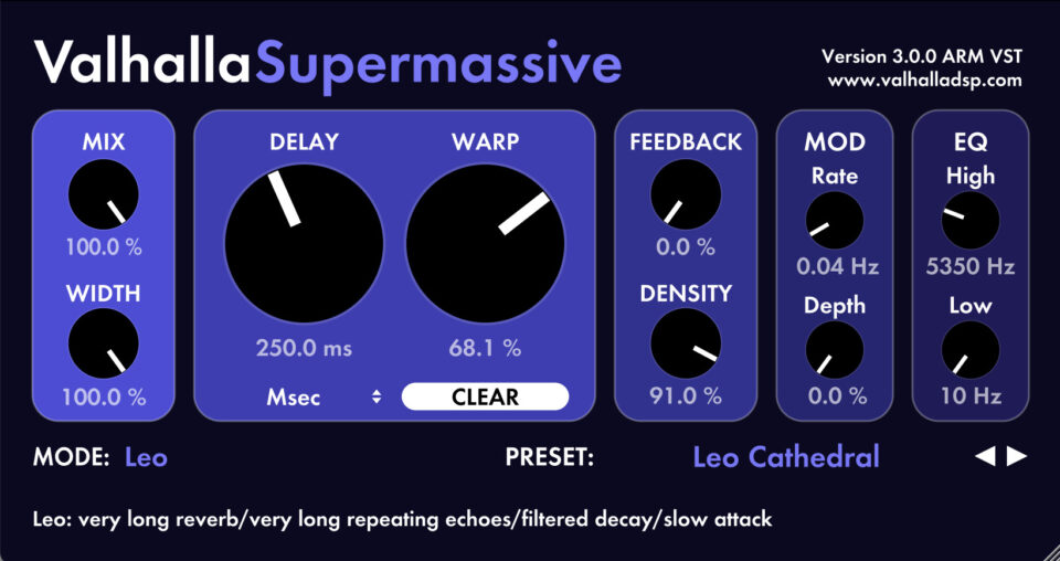 Valhalla Supermassive 3.0 Leo 모드 리버브 인터페이스