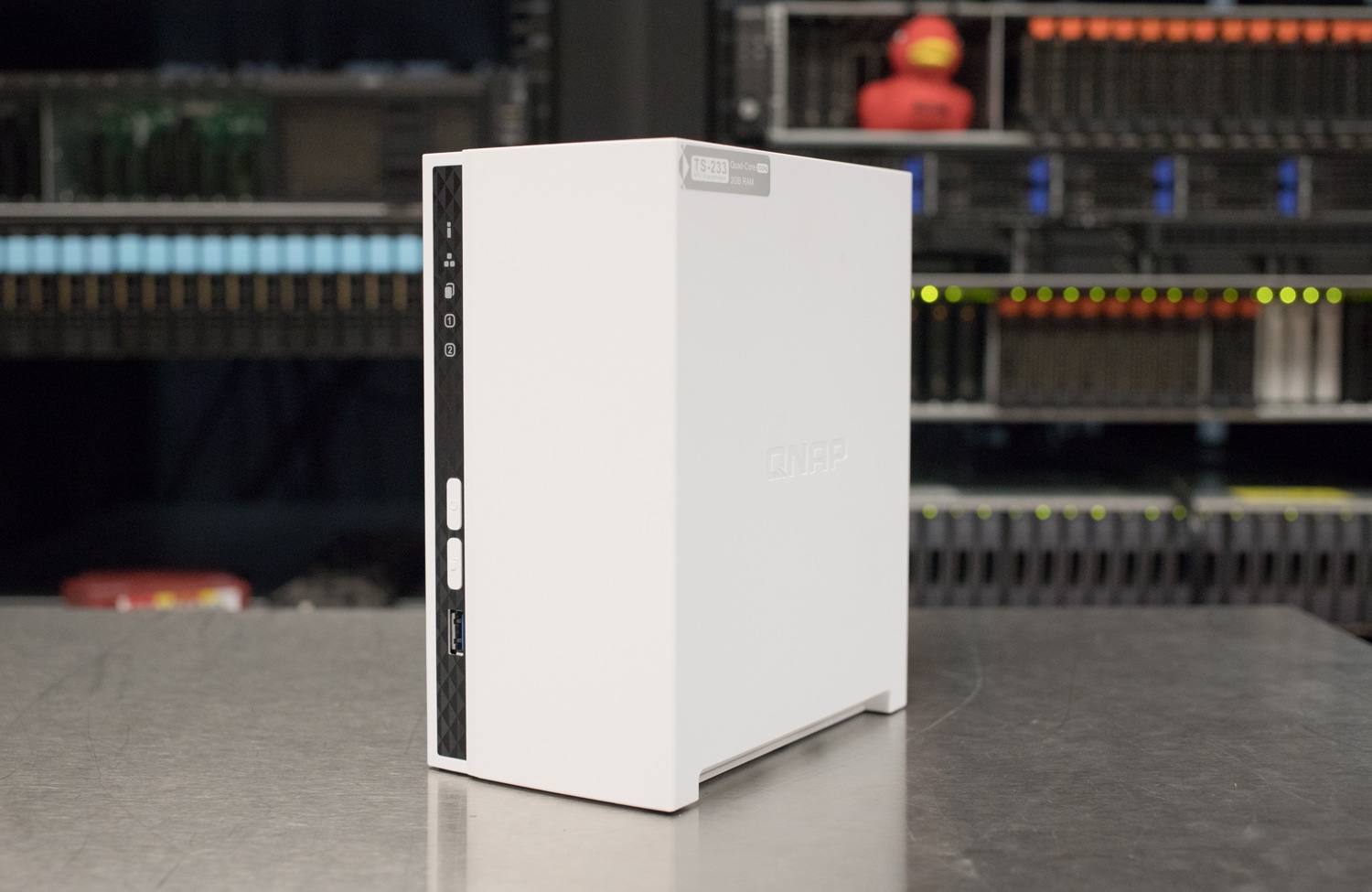 QNAP 2-bay NAS device front panel with drive bays