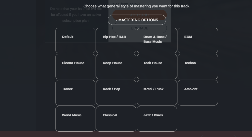 CloudBounce 장르 선택 마스터링 인터페이스