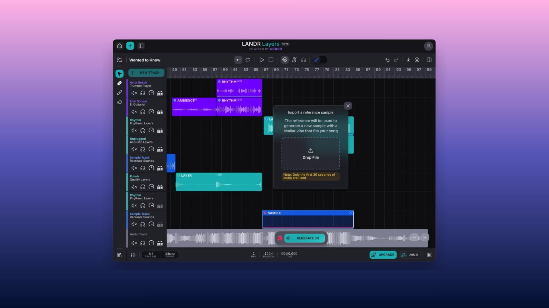 LANDR Layers AI stem generator dynamics interface