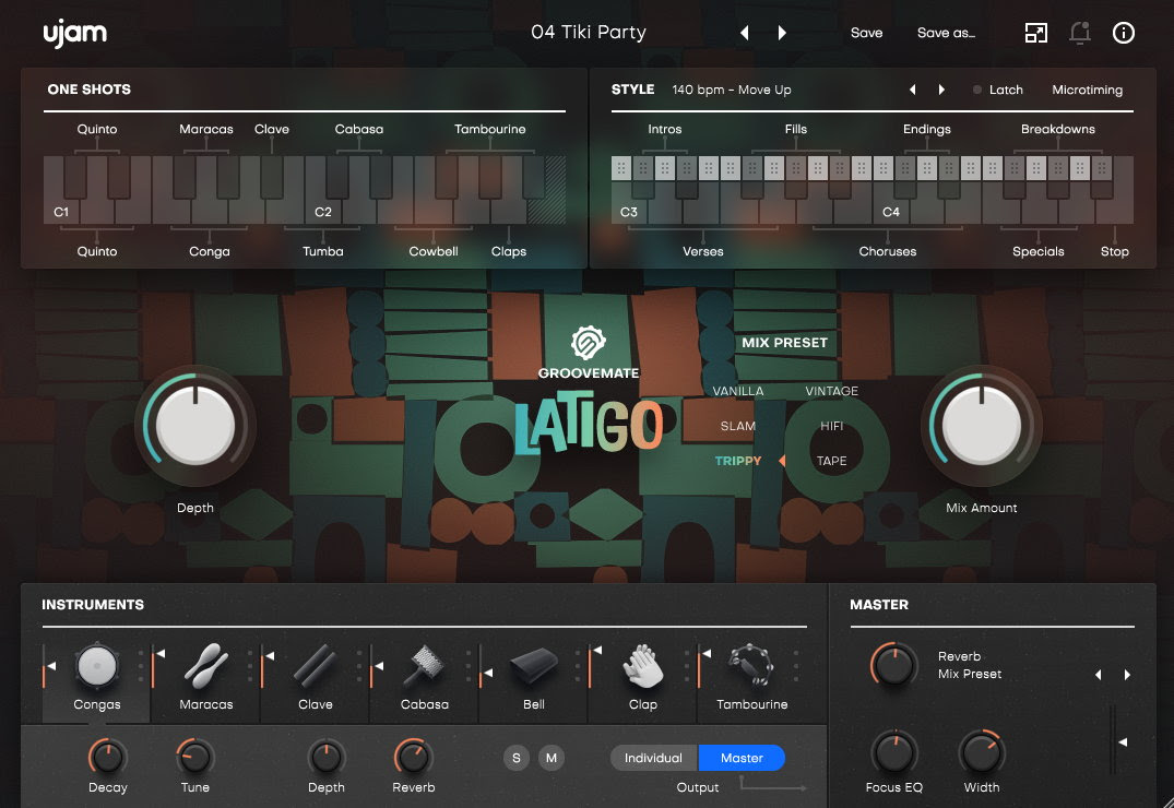 UJAM Groovemate Latigo 리뷰 — 플러그인 인터페이스, 콩가와 믹스 컨트롤