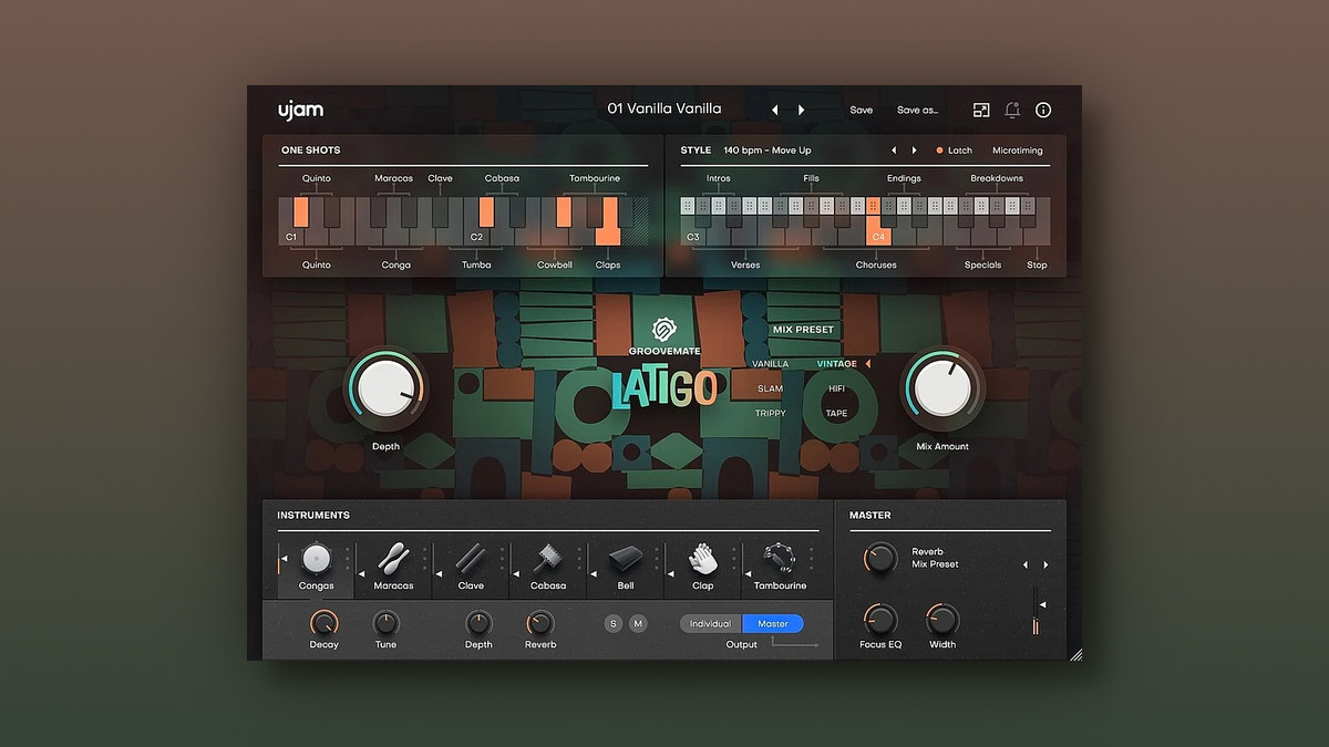 UJAM Groovemate Latigo 제품 배너와 플러그인 UI