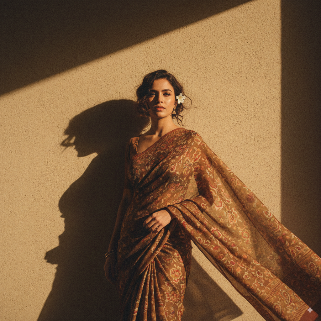 Retro Saree Portrait Against Wall