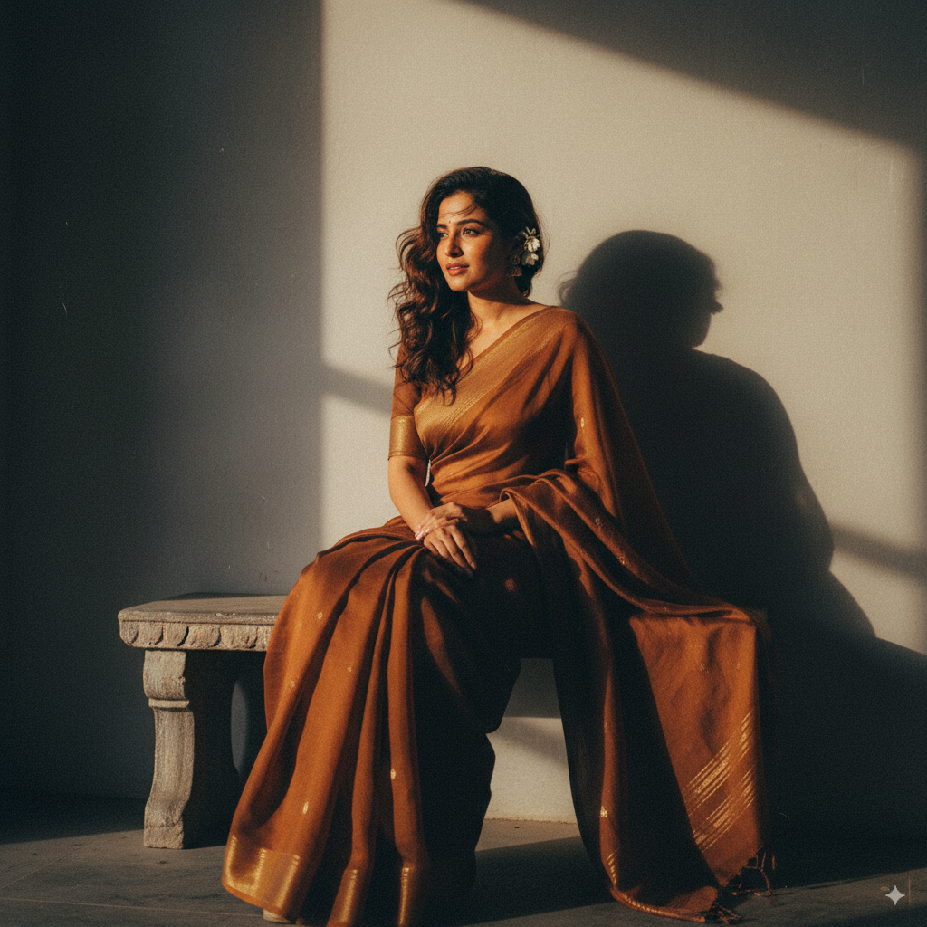 Retro Saree Portrait on Stone Bench
