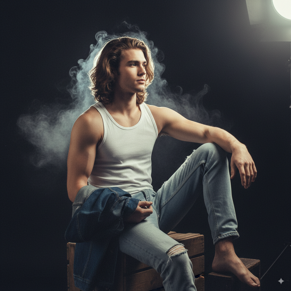 Denim Poise in Smoky Spotlight