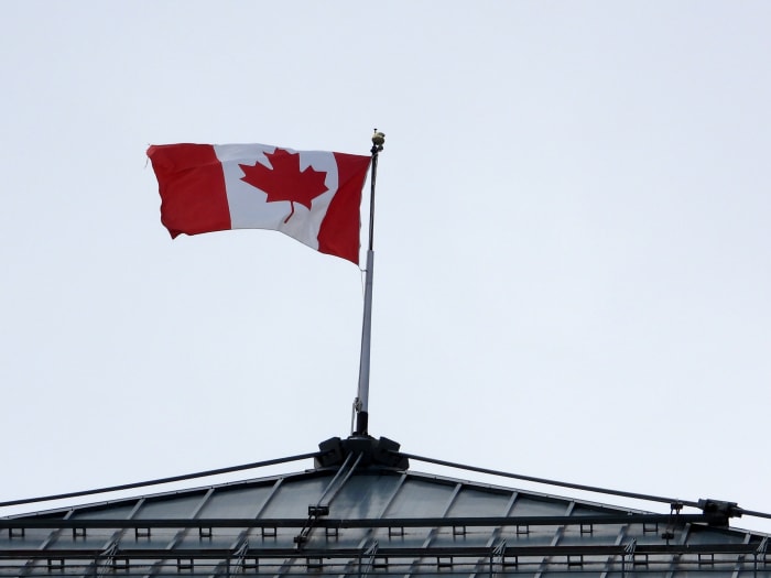 Iconic Canadian flag at Fairmont Chateau Lake Louise.
