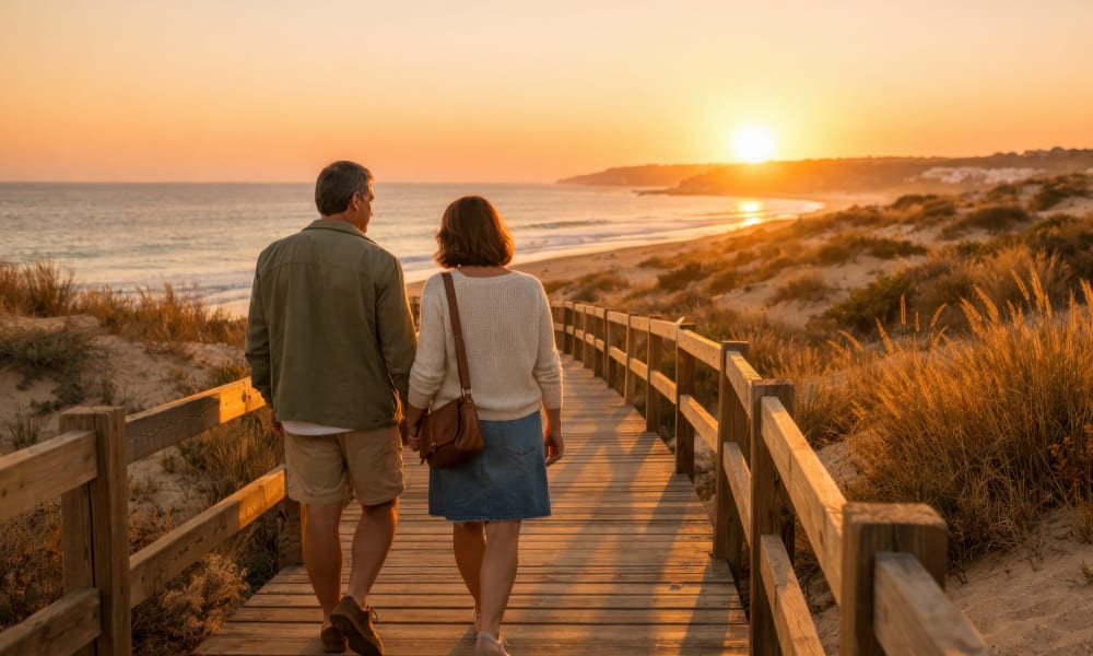 Beautiful symmetry of empty wooden boardwalk vanishing into golden reflection at sunset