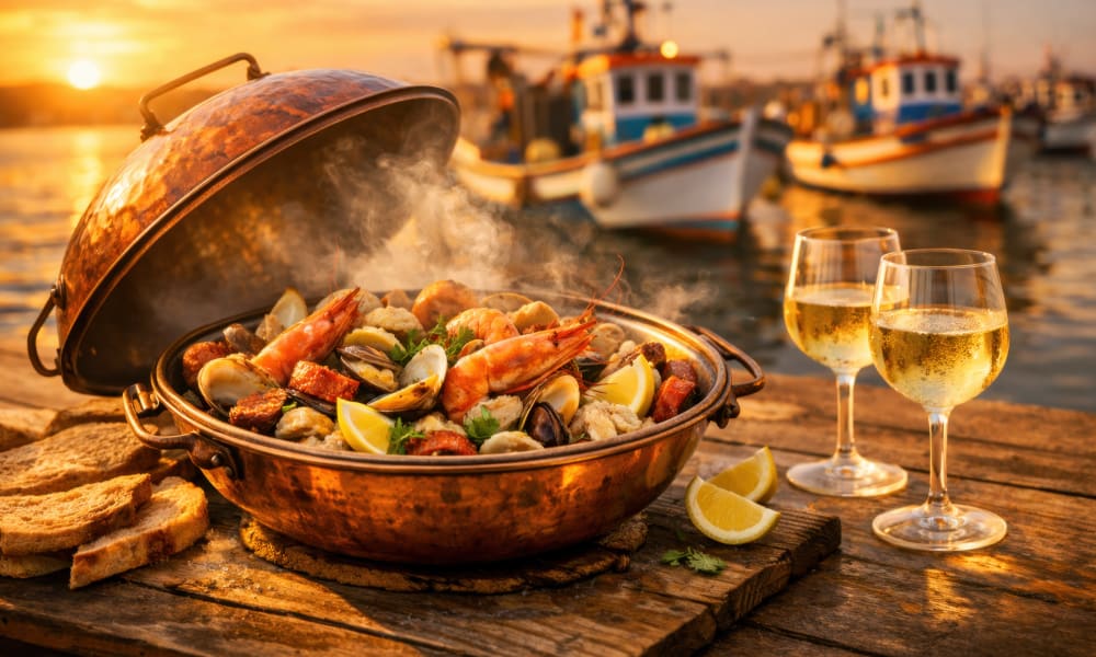 Traditional copper cataplana seafood dish paired with local white wine on a rustic table at sunset