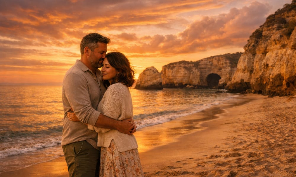 Romantic couple looking at the beautiful warm twilight sky in the southern Portugal