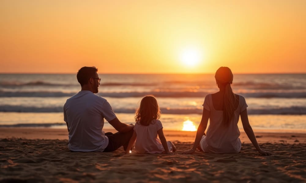Family sunset relaxation along the coast