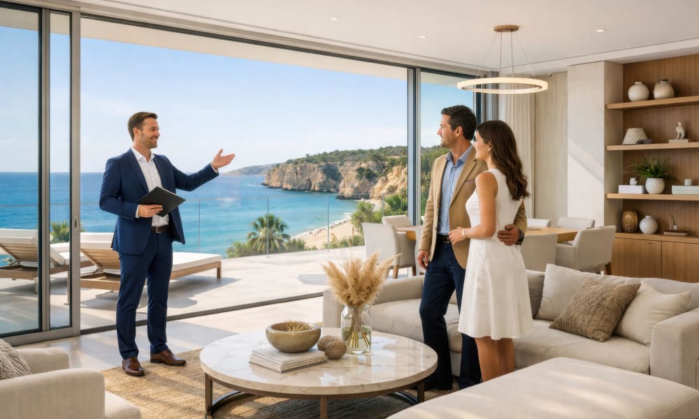 A modern apartment interior with panoramic windows overlooking the ocean being shown by a real estate agent