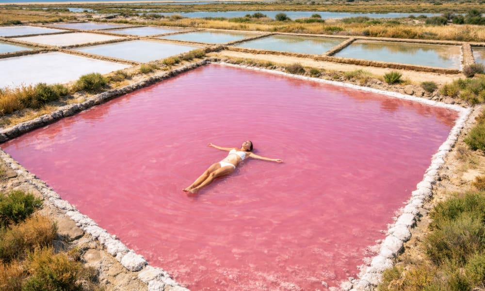 Pessoa a flutuar sem esforço numa salina tradicional sob o céu aberto do Algarve.