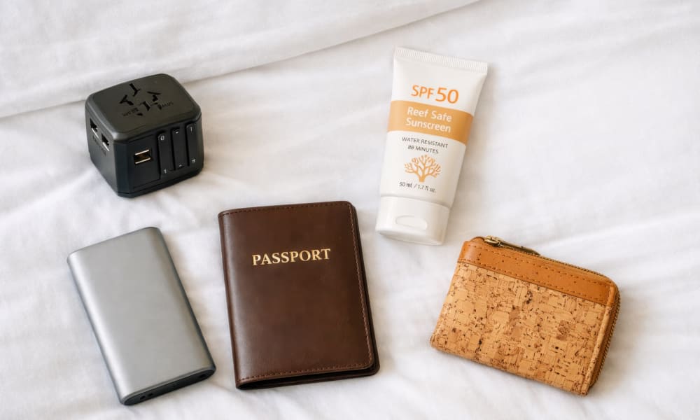 Algarve travel tech accessories, adapters, sunglasses, and sun protection cream