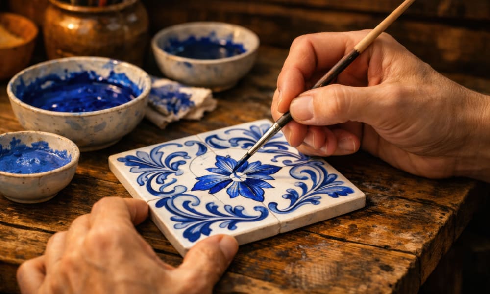 Azulejos cerâmicos pintados à mão tradicionais portugueses.