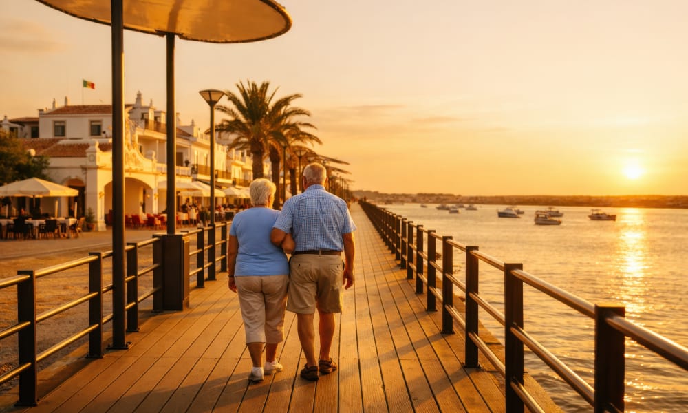 O passadiço de madeira plano e acessível de Cabanas de Tavira, Algarve.