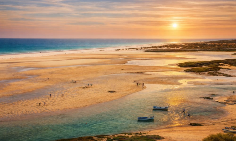 Eaux turquoise superbes et dunes sauvages à Praia da Fábrica près du village blanc de Cacela Velha, Algarve.