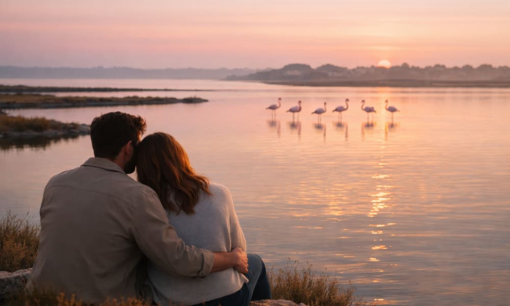 Flamingos standing gracefully in the quiet salt pans of the Ria Formosa