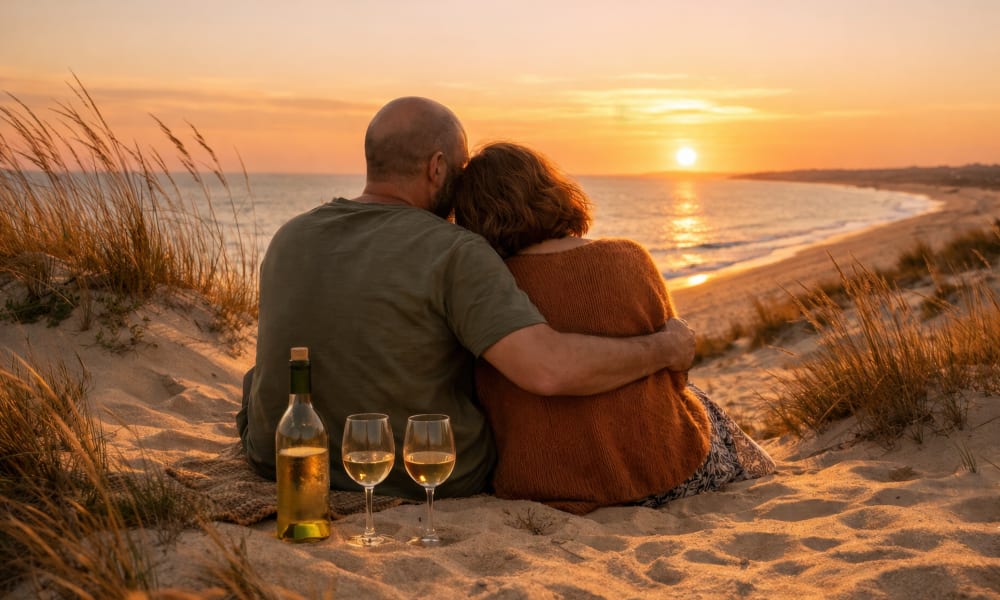 A couple walking peacefully across the protected golden dunes during warm sunset