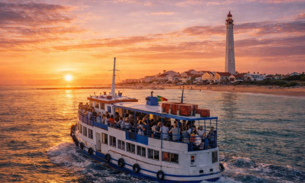 Ferry boat transporting tourists across the Ria Formosa natural park
