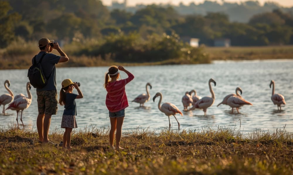Families birdwatching in the salt pans