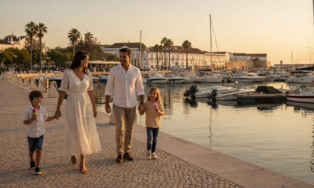 Family strolling by Faro Marina