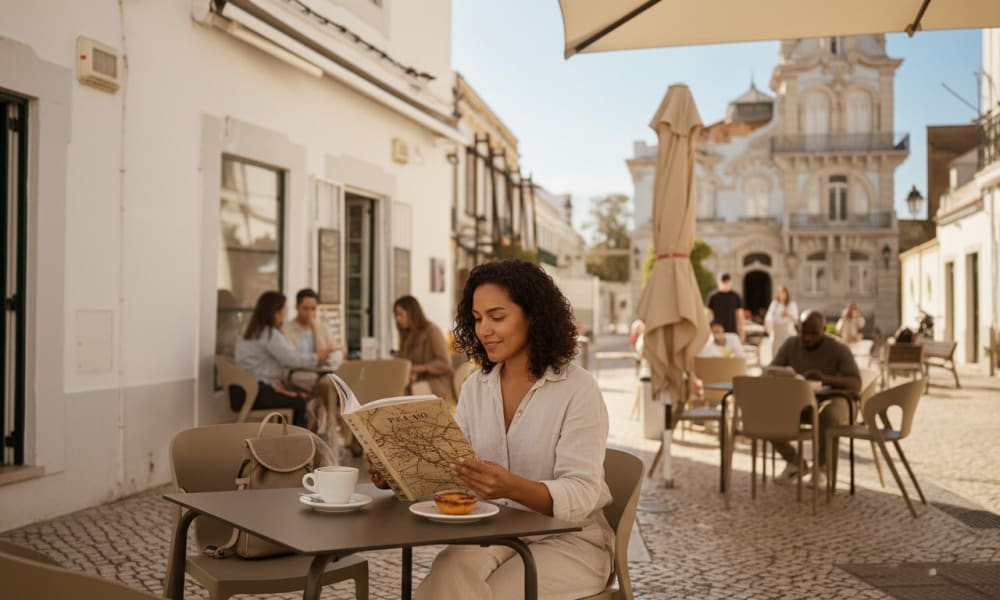 Relaxed travelers drinking coffee at a sun-drenched cafe in Faro