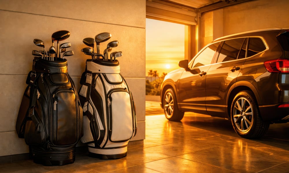 Secure private garage displaying rental car parked and heavy premium golf bags safely stored