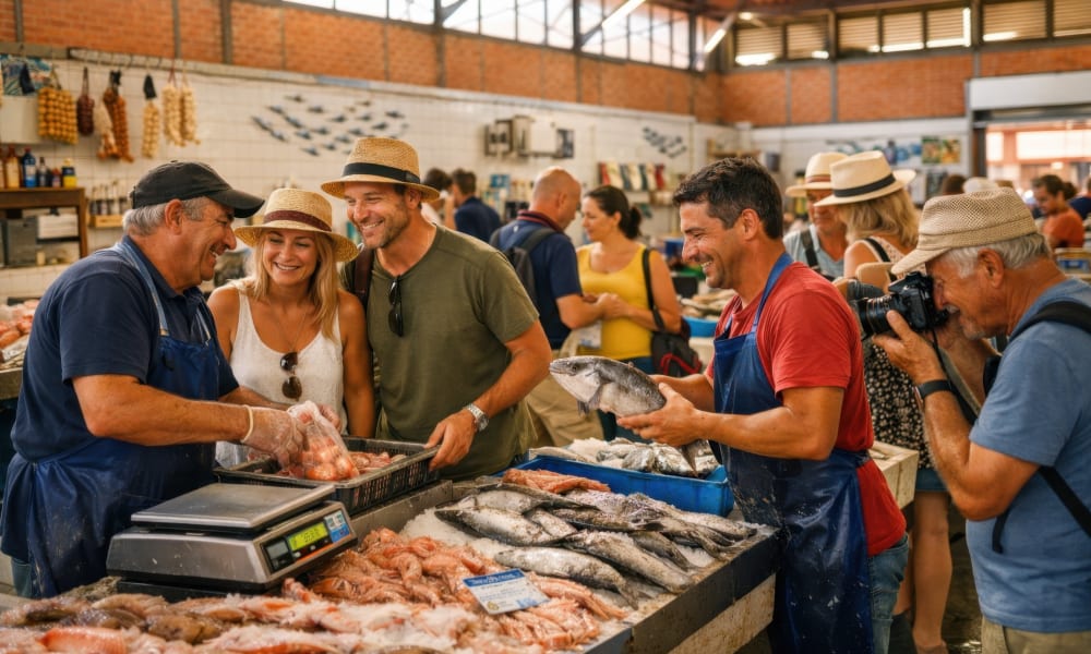Fresh fish laid on ice and vibrant atmosphere inside Olhao red-brick market