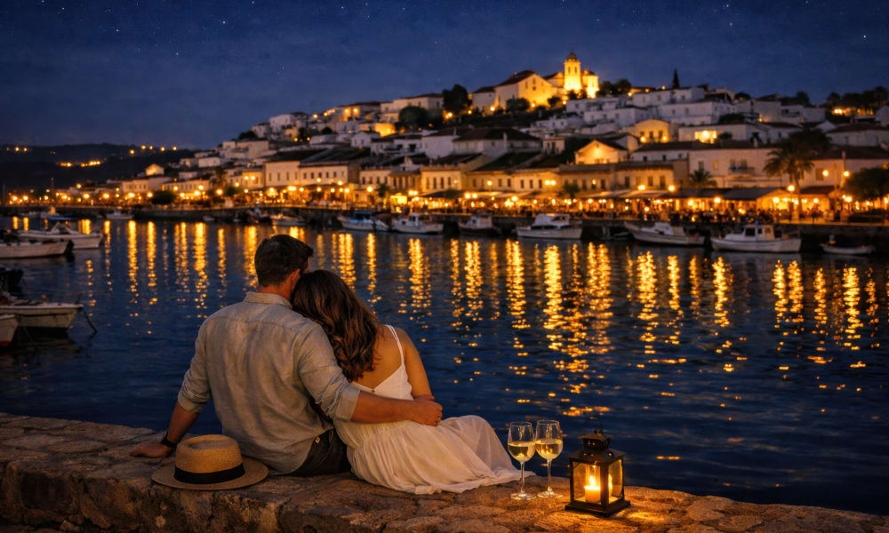 Couple walking under warm light streets in the historic center during quiet night