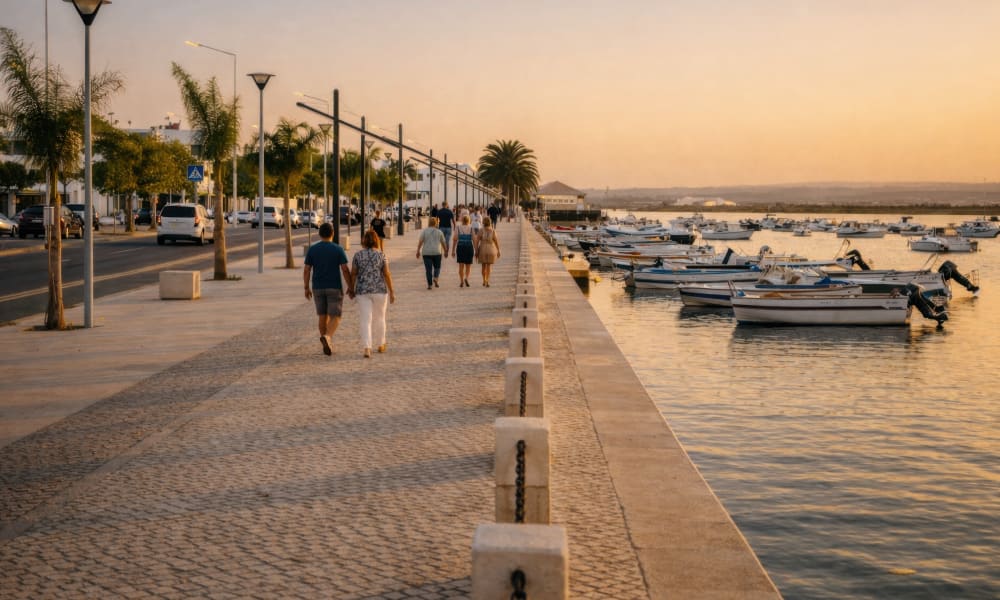 Sunset boardwalk over the Ria Formosa lagoon in Santa Luzia