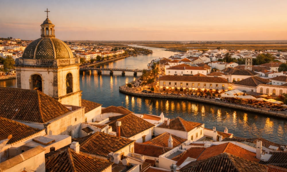 Beautiful white church and traditional roofs overlooking the town of Tavira