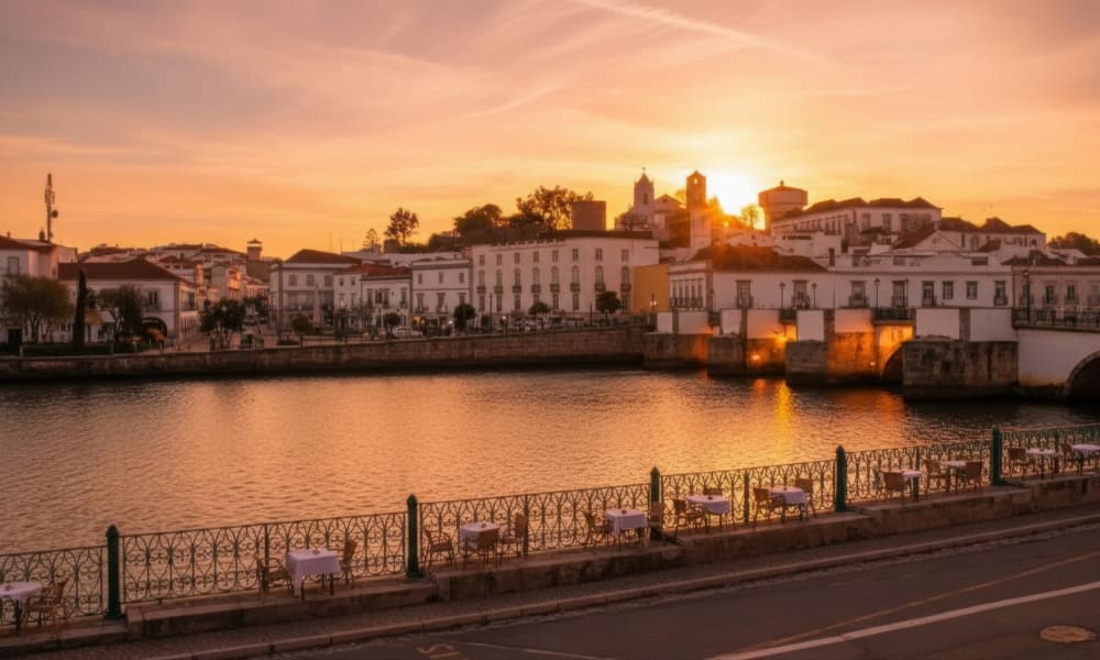 Historic whitewashed facades reflecting on the Gilao River in Tavira