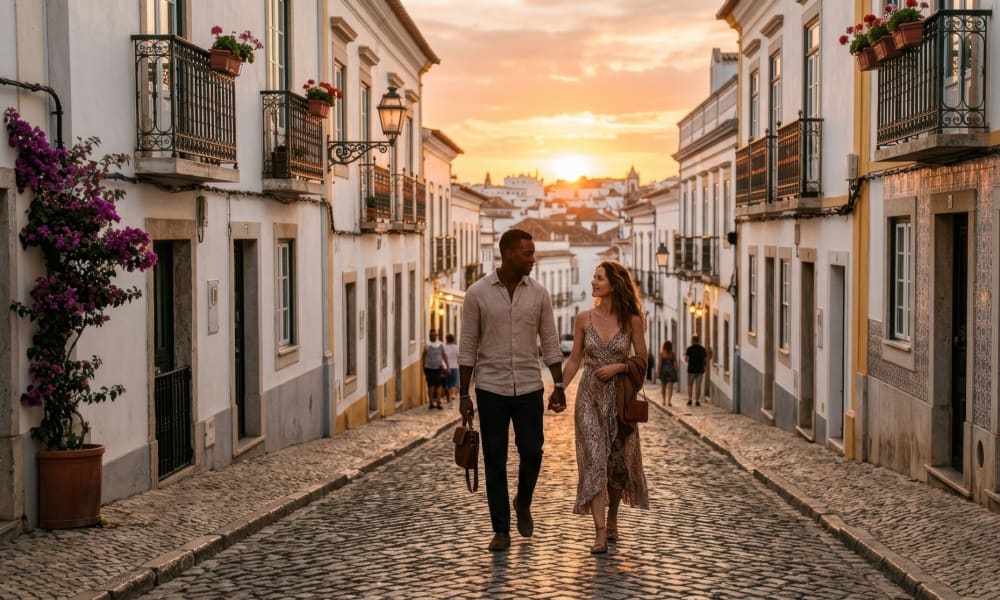Couple walking at sunset next to the Gilao River bridge in Tavira