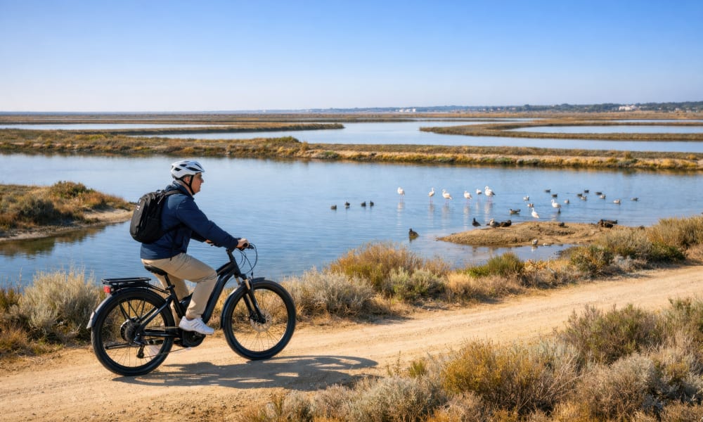 Gentle cycling through the quiet Ria Formosa salt pans during winter