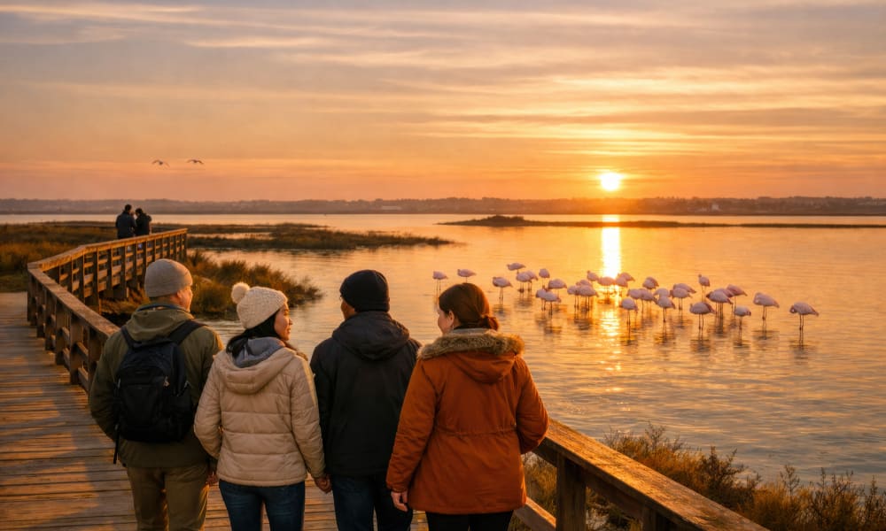 Invigorating long walk on the Ria Formosa boardwalk during winter